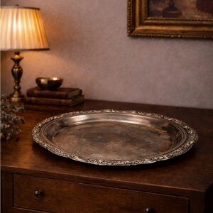 Vintage Ornate Engraved Silverplate Tray Round Heavy Patina